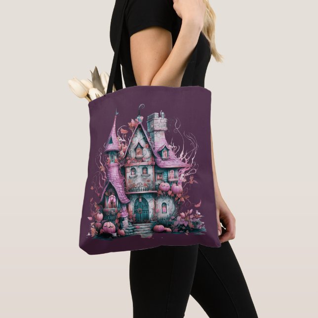 Tote Bag Maison hantée rose et grise Halloween (De près)