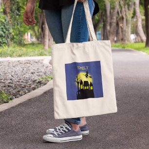 Tote Bag Maison Hantée Sorcière Lune Halloween Friandises o
