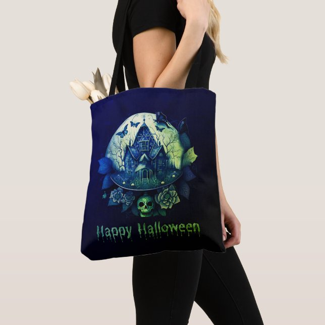 Tote Bag Maison verte violette gothique Hauny Halloween heu (De près)