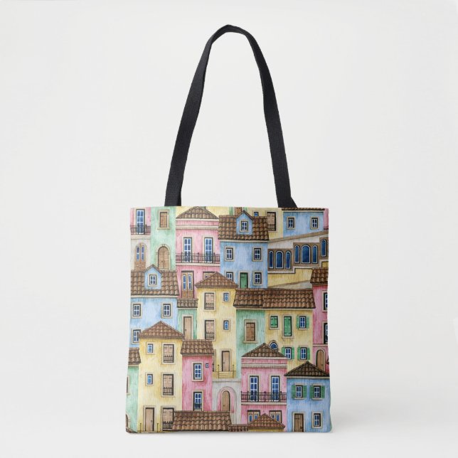 Tote Bag Maisons de Lisbonne : Aquarelle Motif funiculaire. (Devant)