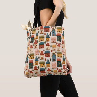Tote Bag Maisons de Noël rustiques festives motif sans cout