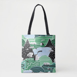 Tote Bag Maisons scandinaves, arbres, montagnes illustratio
