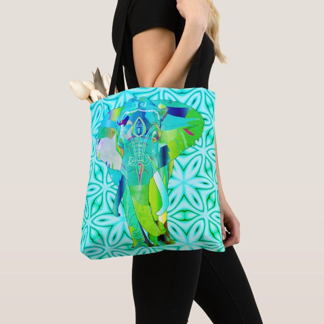 Tote Bag Majestic turquoise éléphant néon fourre-tout (De près)