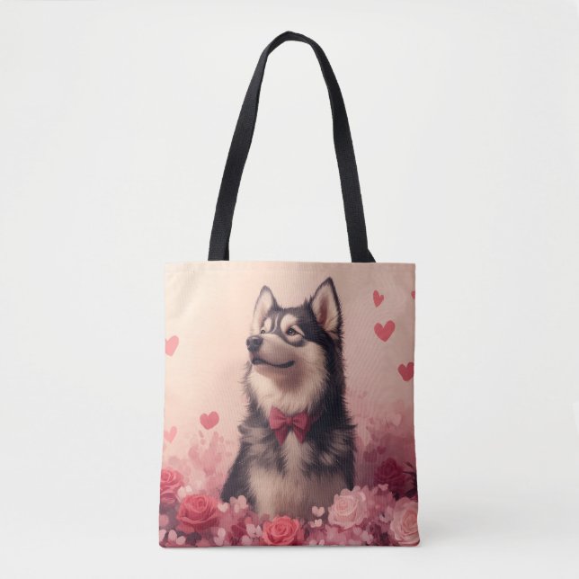 Tote Bag Malamute d'Alaska avec des roses - Saint-Valentin  (Devant)