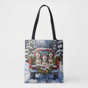 Tote Bag Malamute d'Alaska camion rouge de Noël vacances