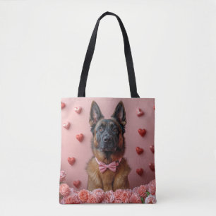 Tote Bag Malinois belge avec des roses - Saint-Valentin