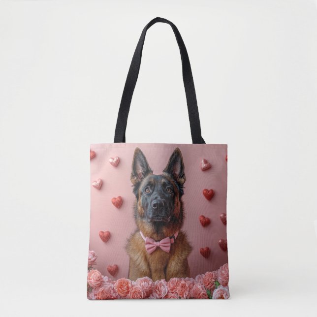 Tote Bag Malinois belge avec des roses - Saint-Valentin  (Devant)