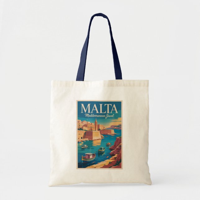 Tote Bag Malta Coast Illustration Travel Art Vintage (Devant)