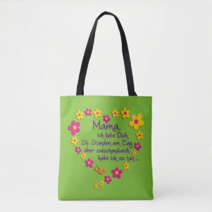 Tote Bag MAMA Fleurs Coeur Dire en allemand + votre backgr.