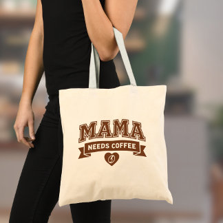 Tote Bag MAMA Needs Coffee Brown White Heart Coffee Bean