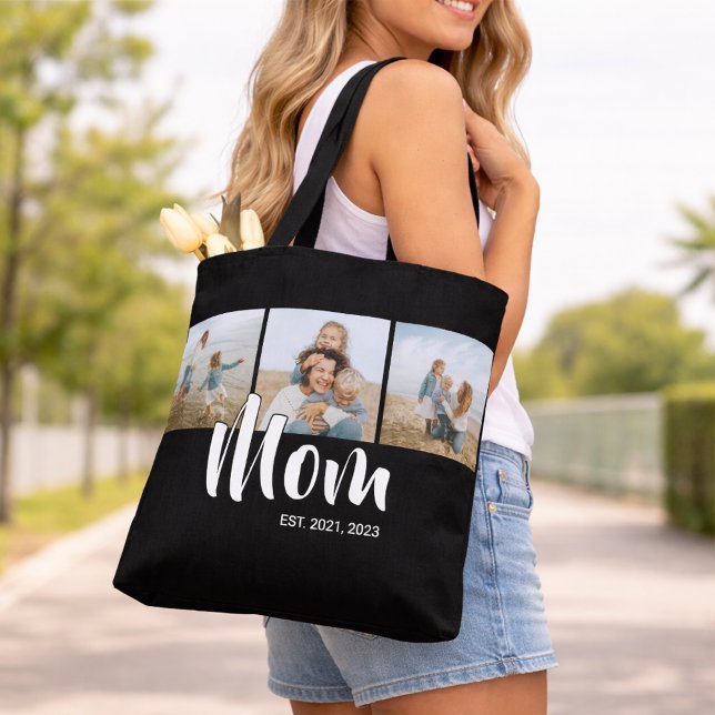 Tote Bag Maman a établi le script noir 3 Photo (Mom Established Script Photo Tote Bag)
