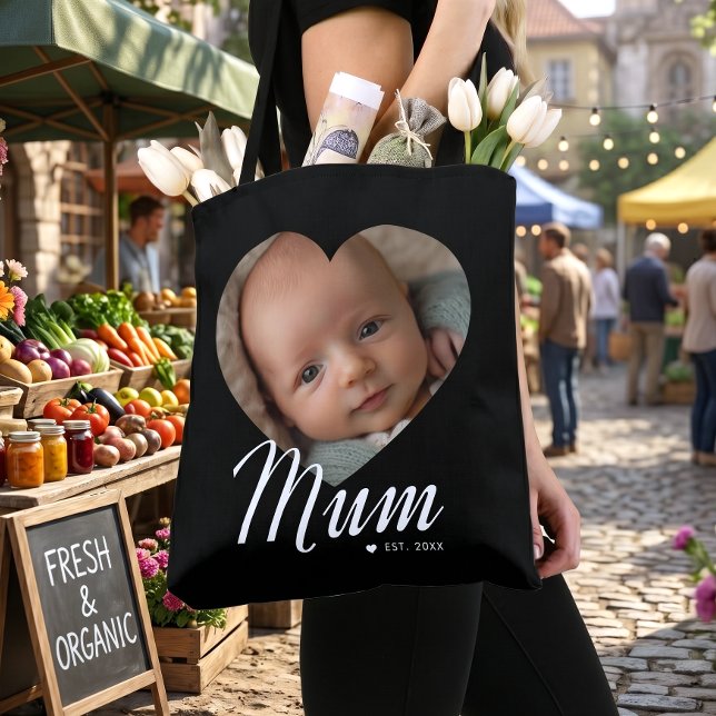 Tote Bag Maman a établi un script cœur photo noir (Créateur téléchargé)