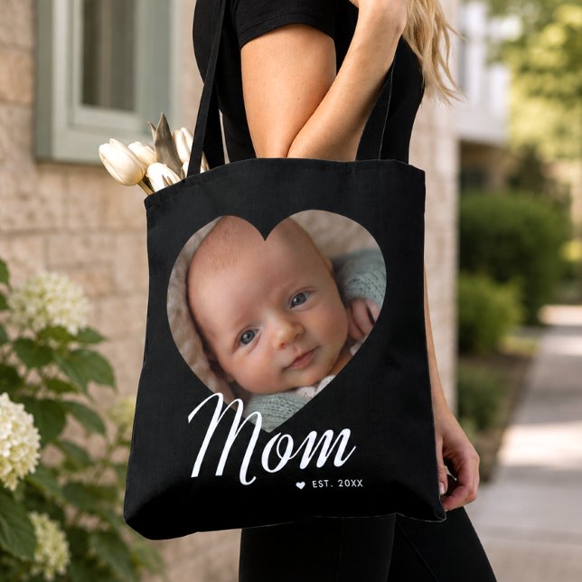 Tote Bag Maman a établi un script cœur photo noir (Créateur téléchargé)