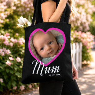 Tote Bag Maman a établi un script cœur rose photo noir