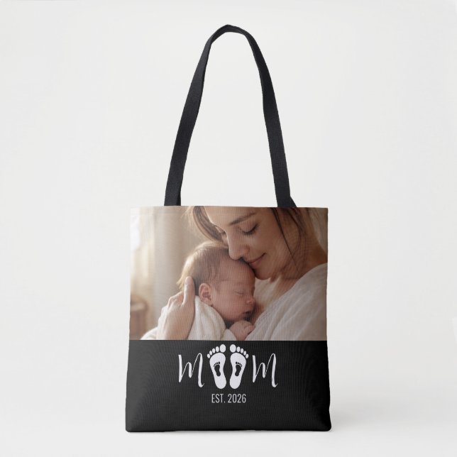 Tote Bag Maman a établi un script d'empreintes de bébé Phot (Devant)