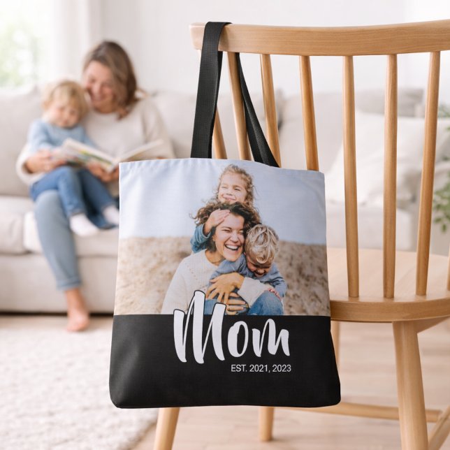 Tote Bag Maman a établi une photo noire de script (Mom Established Script Black Photo Tote Bag)