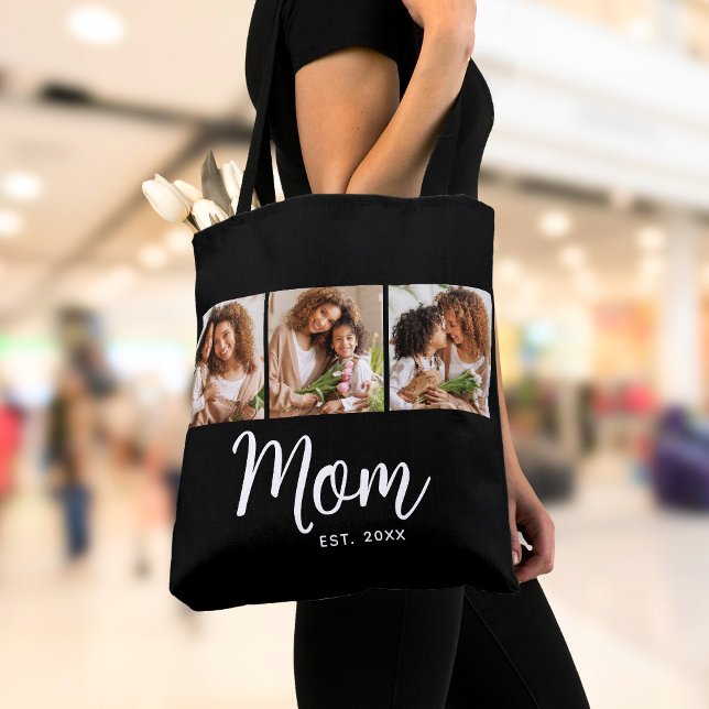 Tote Bag Maman Date établie Écriture blanche Noir 3 Photo (Créateur téléchargé)