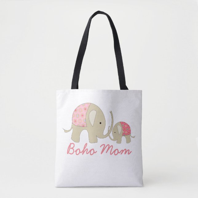Tote Bag Maman de Boho, Eléphant rose (Devant)