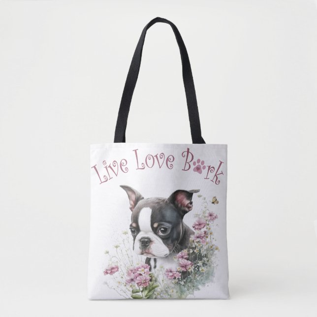 Tote Bag Maman de Terrier de Boston Fleurie (Devant)