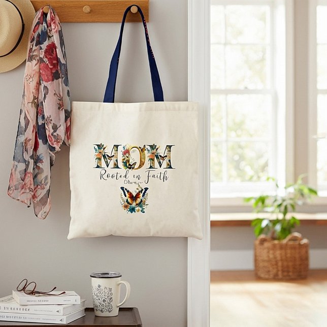 Tote Bag Maman enracinée dans la foi, les papillons floraux (Créateur téléchargé)