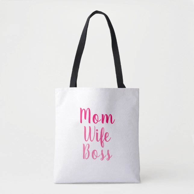 Tote Bag Maman femme patron rose blanc script élégant chic (Devant)