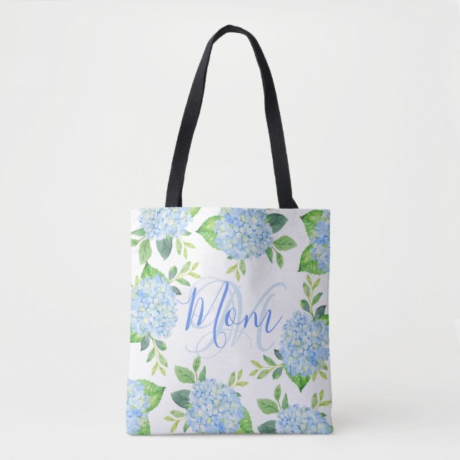Tote Bag Maman Floral Bleu Hydrangée Aquarelle moderne (Devant)