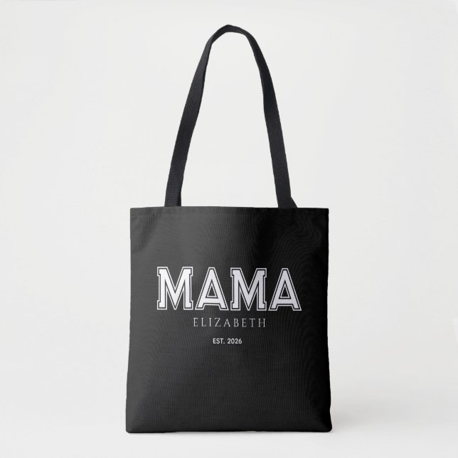Tote Bag Maman noire branchée avec nom et année de création (Devant)