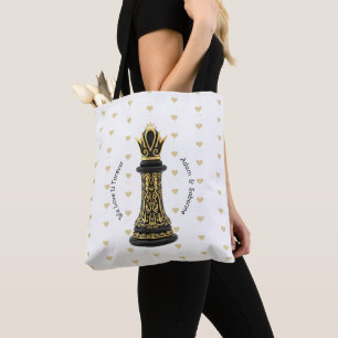 Tote Bag MAMAN Reine de ma vie, Écriture Dorée Échecs Noirs