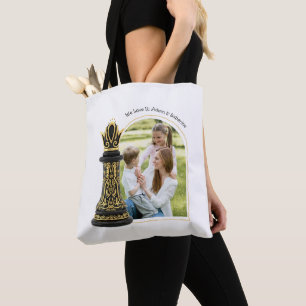 Tote Bag MAMAN Reine de ma vie, Écriture Dorée Échecs Noirs
