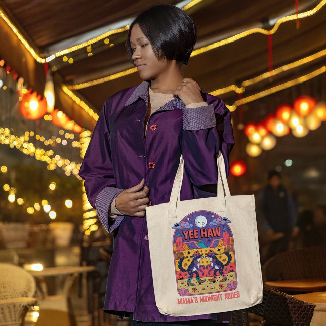 Tote Bag Mama's Midnight Rodeo Funny Mom Life Yee Haw (woman carrying a tote bag shopping at a late night market after the kids are in bed)