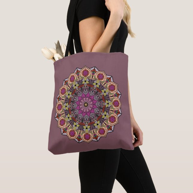 Tote Bag Mandala 12 Feuilles d'automne Orange Mauve - (De près)