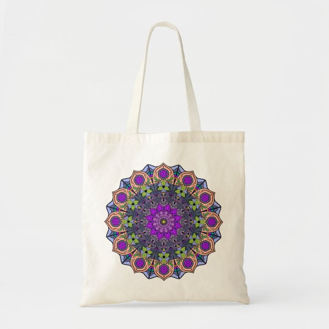 Tote Bag Mandala 12 Violet Peach Rose Green - (Devant)