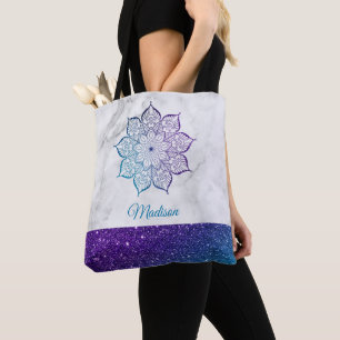 Tote Bag Mandala à paillettes ombrées violettes et sarcelle