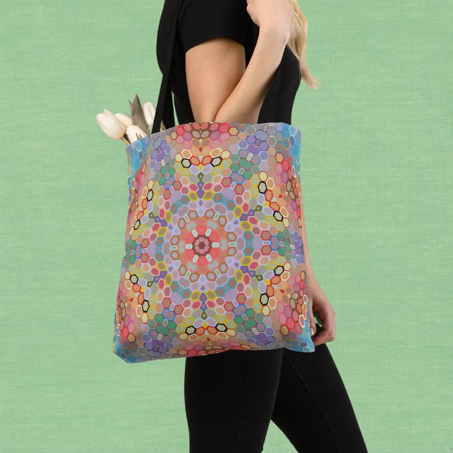 Tote Bag Mandala arc-en-ciel hexagonal (Rainbow Hexagon Mandala Tote Bag by Wormhole Orbital)
