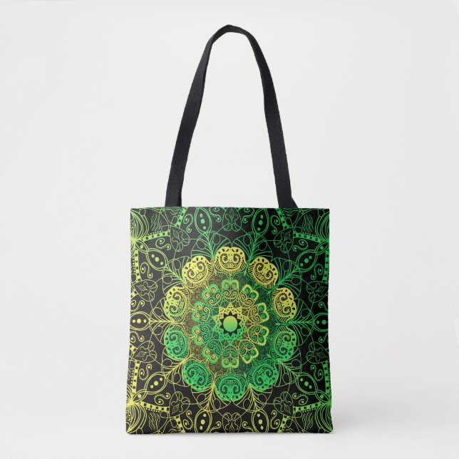 Tote Bag Mandala Art : Green Yellow Detail. (Devant)