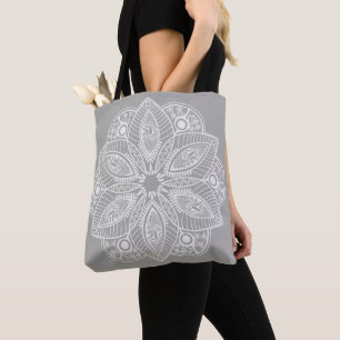 Tote Bag Mandala blanc exotique sur Arrière - plan gris