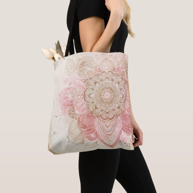 Tote Bag Mandala bohème chic marron rose et crème (De près)