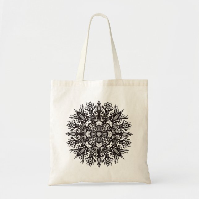 Tote Bag Mandala de champignons psychédéliques noir et blan (Devant)