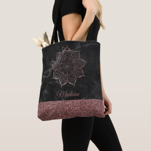 Tote Bag Mandala de fausse brillance en or rose sur marbre