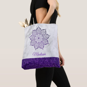 Tote Bag Mandala de fausse brillance violette sur marbre gr