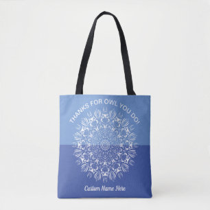 Tote Bag Mandala de hibou bleu et blanc pour remercier les 