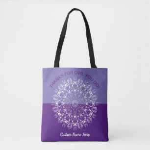 Tote Bag Mandala de hibou violet et blanc pour remercier un