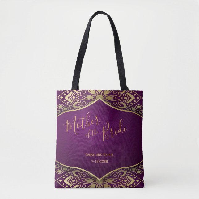 Tote Bag Mandala doré sur fond violet, cadeau pour la mère  (Devant)