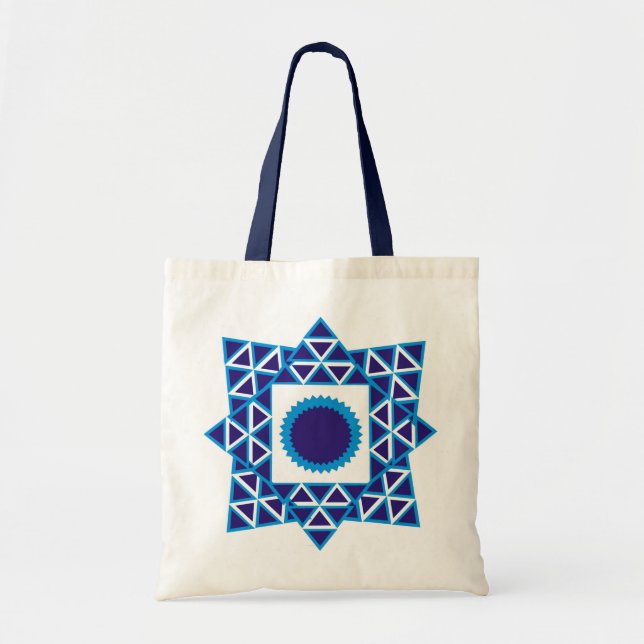 Tote Bag Mandala étoile triangle géométrique bleu blanc (Devant)