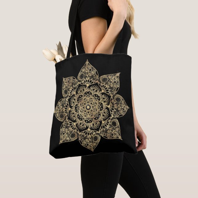 Tote Bag Mandala floral élégant en or blanc  (De près)