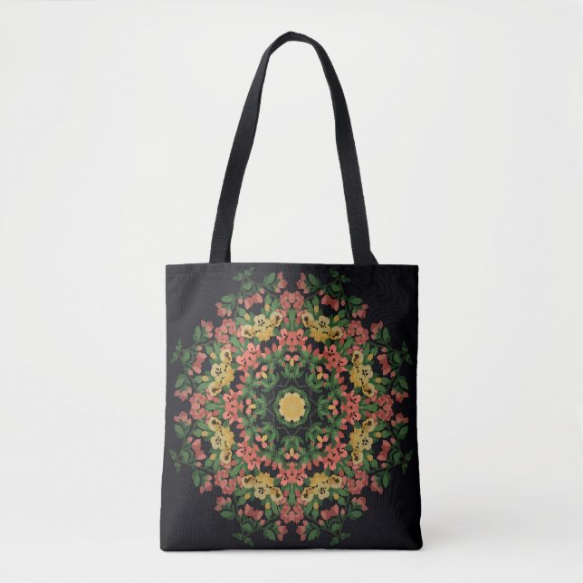 Tote Bag Mandala floral : rouge, vintage jaune. (Devant)