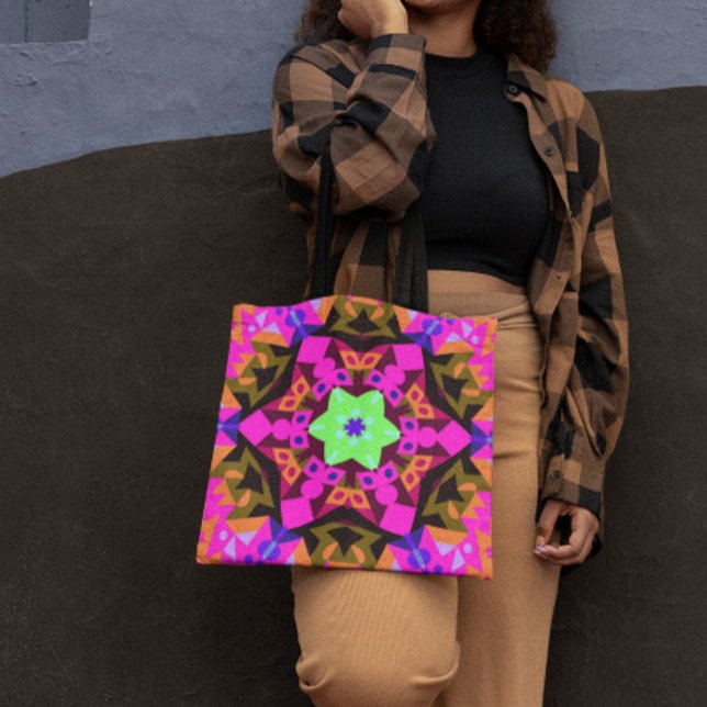 Tote Bag Mandala Flower rose orange et vert (Créateur téléchargé)