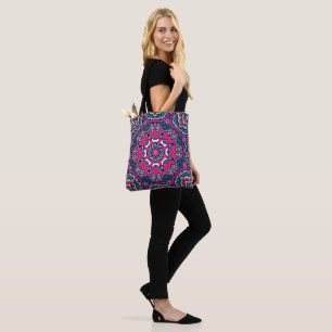Tote Bag Mandala géométrique bleu, vert, rose et violet