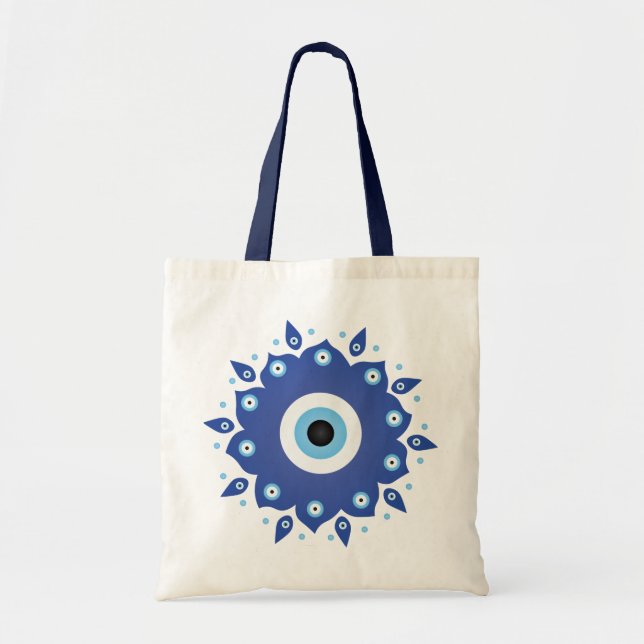 Tote Bag Mandala Grec Mal Oeil Bleu Blanc (Devant)