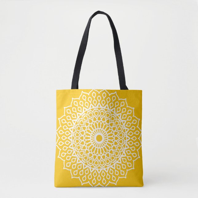 Tote Bag Mandala jaune et blanc - Dans-lew en miel (Devant)